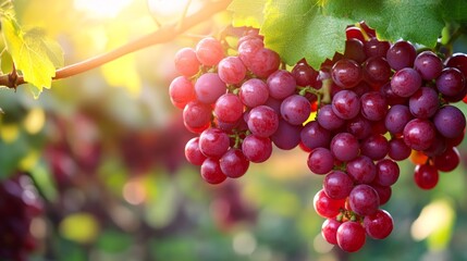 A close-up of ripe red grapes hanging from a vine, illuminated by soft sunlight.