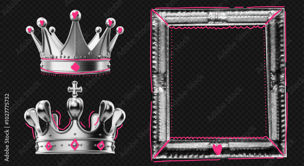 Poster silver glitter collage photo frame template with a transparent crown set. retro scrapbook layout fea