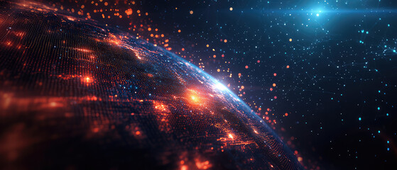 A mesmerizing image of a glowing globe surrounded by fiery lights in a vast galaxy, illustrating an...