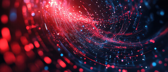 An abstract vortex of swirling red and blue trails creating a captivating motion effect in space, symbolizing energy, fluidity, and the dynamics of the universe.