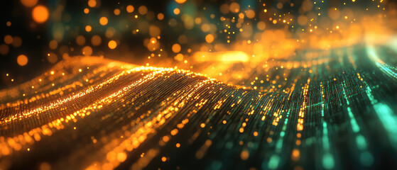 A vibrant scene of glowing golden waves flowing with countless sparkling particles, showcasing a mesmerizing blend of movement and digital aesthetics.