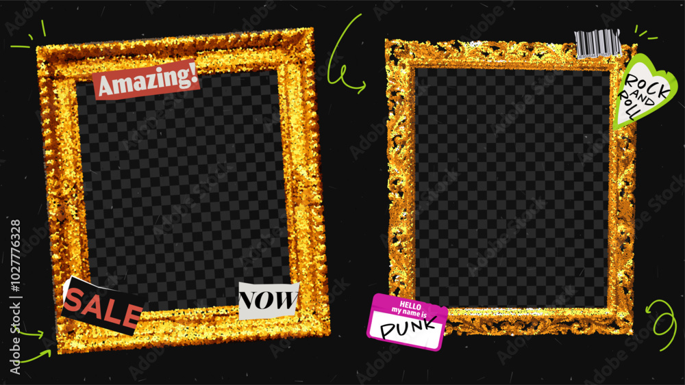 Poster transparent photo frame and sticker vector template. collage set with glitter and gold border. grung