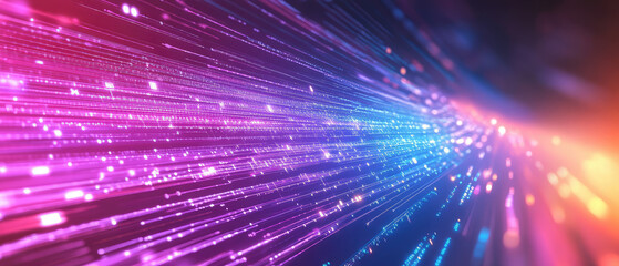 A burst of vivid spectrum light trails forms a futuristic highway, evoking speed and energy of technological advancement and digital transitions.