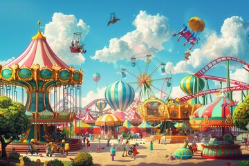 Families and friends explore the vibrant amusement park, riding carousels, roller coasters, and enjoying the festive atmosphere. Generative AI