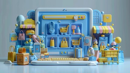 Fototapeta premium Colorful Storefront with Pink and Blue Awnings and Sign