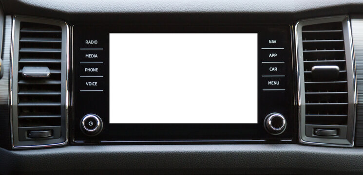 Car interior background. Multimedia touchscreen system in a modern luxury car. Blank white screen