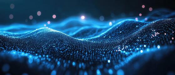 A digital rendering of a vibrant blue wave composed of shimmering dots and abstract textures, creating a mesmerizing visual effect of flowing energy.