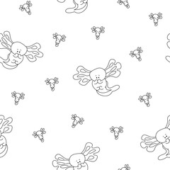 Cute axolotl character. Seamless pattern. Coloring Page. Kawaii ambystoma amphibian different poses. Vector drawing. Design ornaments.