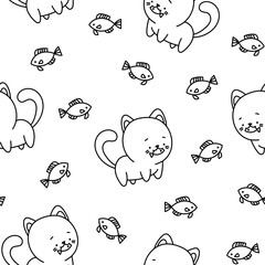 Cute cat character. Seamless pattern. Coloring Page. Kawaii cartoon kitten. Vector drawing. Design ornaments.