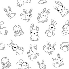 Cute rabbit character. Seamless pattern. Coloring Page. Kawaii cartoon hare. Vector drawing. Design ornaments.
