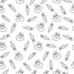 Cute rabbit character. Seamless pattern. Coloring Page. Kawaii cartoon hare. Vector drawing. Design ornaments.