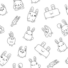 Cute rabbit character. Seamless pattern. Coloring Page. Kawaii cartoon hare. Vector drawing. Design ornaments.