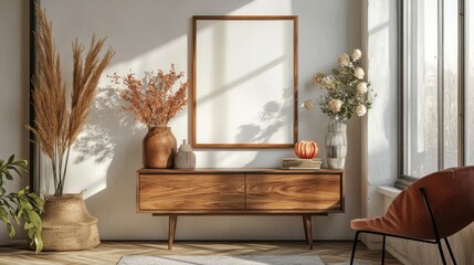 A modern, minimalist living room interior with a wooden console table, a framed poster, and a leather armchair. The room is bathed in warm sunlight, creating a sense of calm and relaxation.