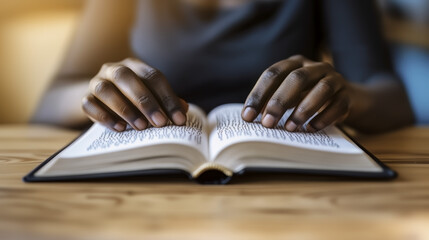 Close-up of black Hands Reading Braille Book on Wooden Table.
