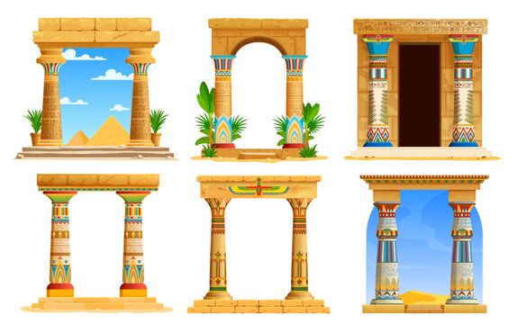 Ancient Egypt temple arches, game assets with cartoon stone columns and Egypt pharaoh pyramids. Game UI vector elements of ancient temple arch or gate pillars with color patterns and hieroglyphs