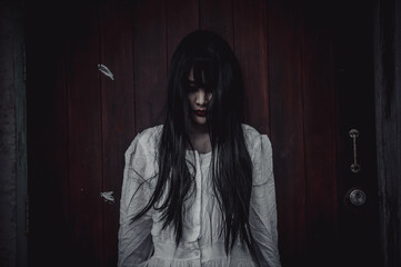 Portrait of asian woman make up ghost,Scary horror scene for background,Halloween festival...