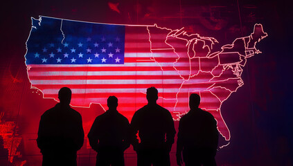 Military officers standing in front of a map of the United States