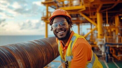 A uniformed engineer stands atop an oil and gas rig.