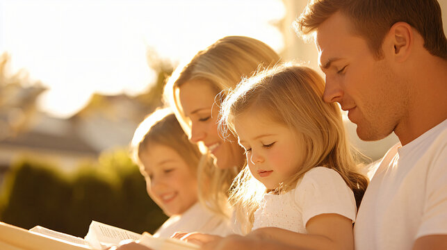 Mormon family gathered for a home evening, engaged in scripture study