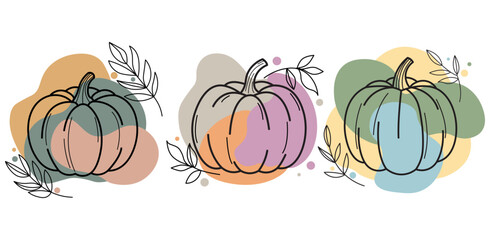Set with pumpkins. Line drawing of pumpkins on colored drops with branches. Autumn stickers. Halloween.