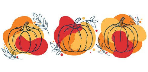 Set with pumpkins. Line drawing of pumpkins on red and yellow spots with branches. Autumn stickers. Halloween.