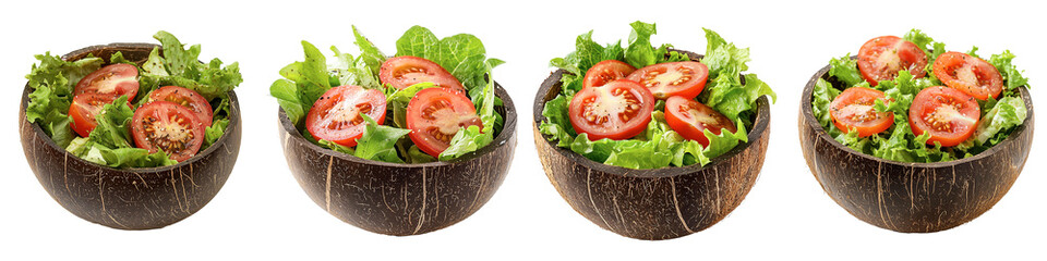 Four coconut bowls filled with fresh green salad and tomato slices isolated on white background, perfect for healthy eating concepts, isolated, transparent background, alpha channel