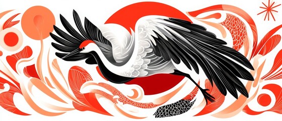 Obraz premium Japan banner with wildlife cranes and koi fish, Japanese background with red and white natural landscape.