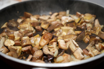 Chopped mushrooms frying in a pan macro view