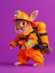 Fototapeta premium Cute rabbit dressed in firefighter gear, expressive pose, vibrant background.