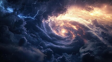 High-resolution satellite photograph of a massive storm system with intense lightning and swirling clouds, highlighting its effect
