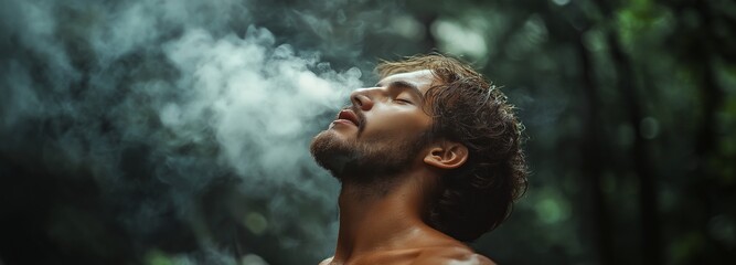 Man inhales the clean air of the forest.