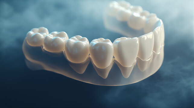 Ilustra&ccedil;&atilde;o renderizada em 3D de duas facetas de ep&oacute;xi dent&aacute;rias implantadas no maxilar inferior, em um fundo azul escuro