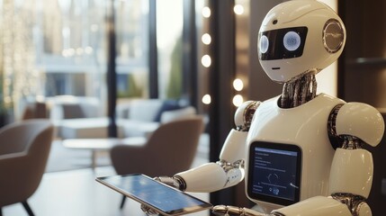 Humanoid robot working with a tablet to navigate a virtual interface, tech-savvy conference room