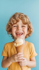 Happy child enjoying waffle cone ice cream, isolated on blue background.