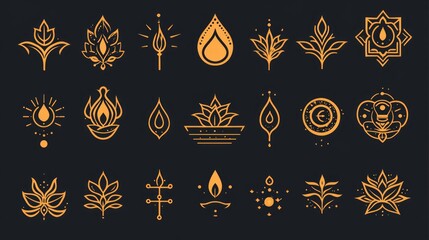 Fototapeta premium A collection of decorative floral and water-themed icons in a minimalist style.