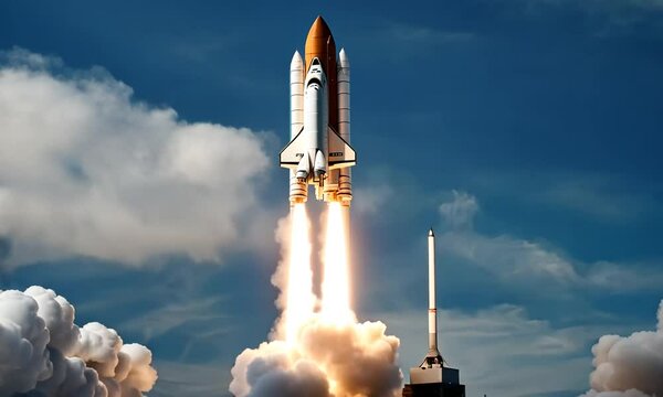 Space shuttle launching from the launchpad, leaving a trail of smoke and fire.