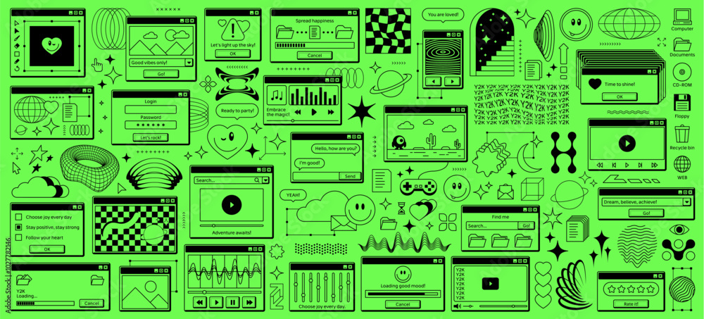 Poster y2k rave retro computer window stickers, browser page interface. Vector brutal and wireframe geometric shapes, psychedelic smiles, computer screen icons and windows, y2k aesthetic stars and planets