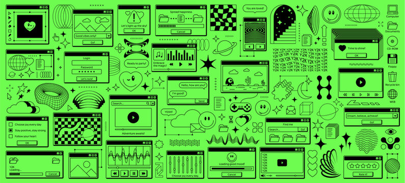 y2k rave retro computer window stickers, browser page interface. Vector brutal and wireframe geometric shapes, psychedelic smiles, computer screen icons and windows, y2k aesthetic stars and planets
