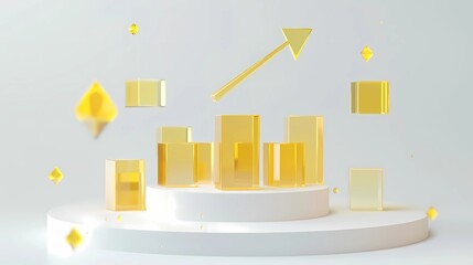 Naklejka premium A data growth icon with a rising arrow and yellow transparent glass cubes around on top of a circular podium, Generative AI illustrations. 