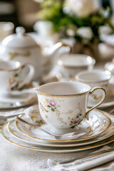 Fototapeta premium Elegant floral china teacup sitting on matching saucer awaiting tea time