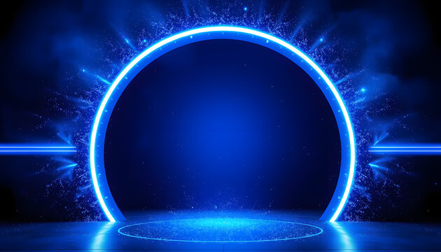 Blue magical fantasy portal. Round light frame, with fine dust particles, futuristic teleporter. Blue neon lights illuminate night scene with sparkles. Lighting effect. PNG isolated with white highl
