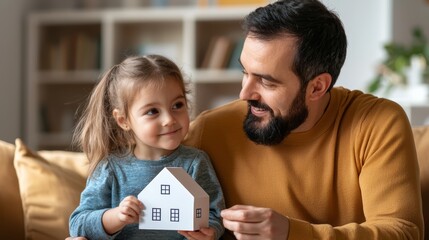 Father and daughter bonding at home, holding a paper house model symbolizing family and dreams in a cozy living room setting.