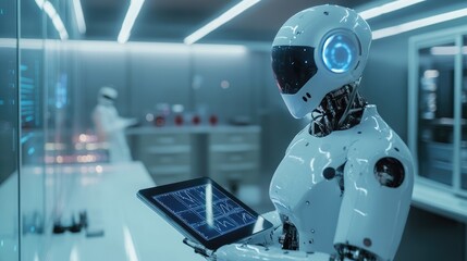 Robot with a tablet in a high-tech research lab, overseeing real-time data and digital tools