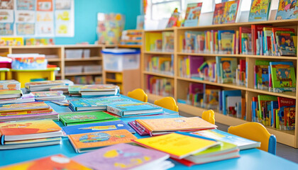Children books laying on table in sunny kindergarten classroom