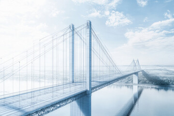 Obraz premium Modern suspension bridge spanning a river under construction with blue sky