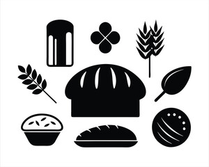 Black Silhouette of Bread, Buns, Loaf, and Various Bakery Items - Culinary Icon Set for Bakery Branding, Packaging, and Food Designs.