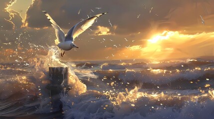 Obraz premium A backlit seagull flying off a post in the sea with waves crashing against it in beautiful evening light, in a sympathetic oil painting style, Generative AI illustrations.