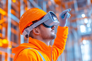 Construction worker using virtual reality technology to enhance safety training at a job site
