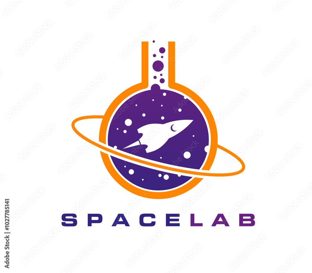 Poster galaxy space icon with rocket ship inside circular laboratory beaker with orbit, planets and stars. 