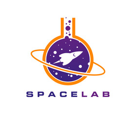 Galaxy space icon with rocket ship inside circular laboratory beaker with orbit, planets and stars. Isolated vector futuristic emblem conveying innovation, travel, exploration and technology progress